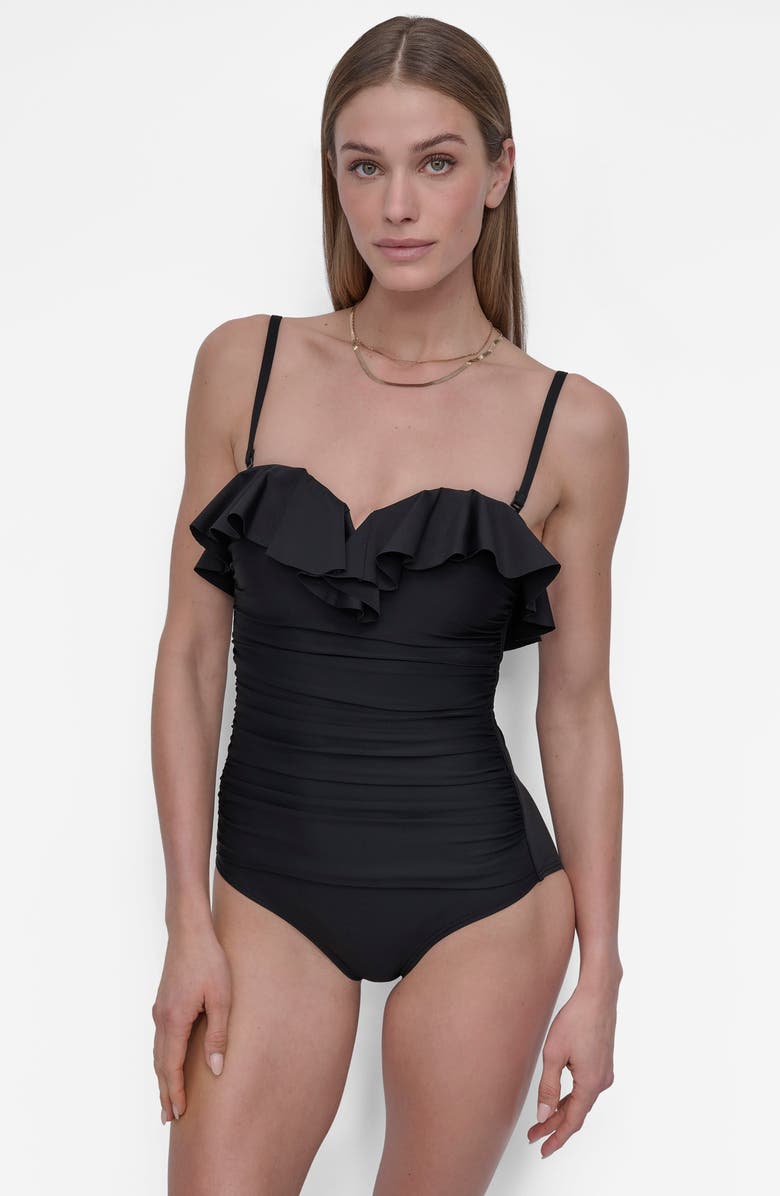 DKNY Ruffled Bandeau One-Piece Swimsuit, Alternate, color, Black
