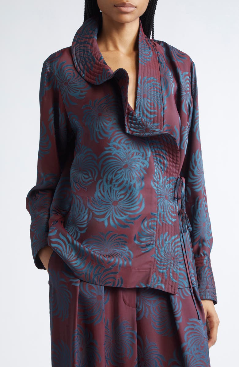 Dries Van Noten Calberton Jacquard Ruffle Wrap Shirt, Alternate, color, Burgundy