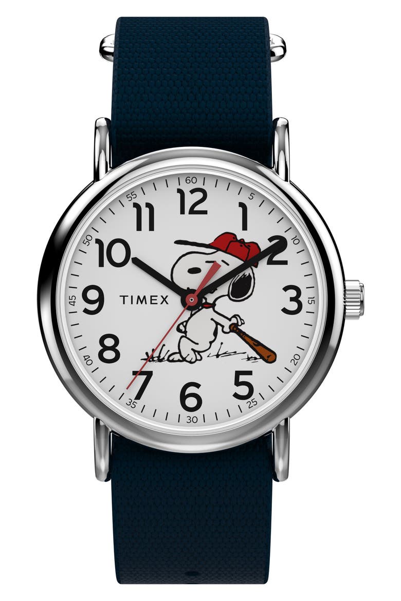 Peanuts® x Timex Weekender Baseball 38mm Fabric Strap Watch, Main, color, NAVY/ SILVER-TONE