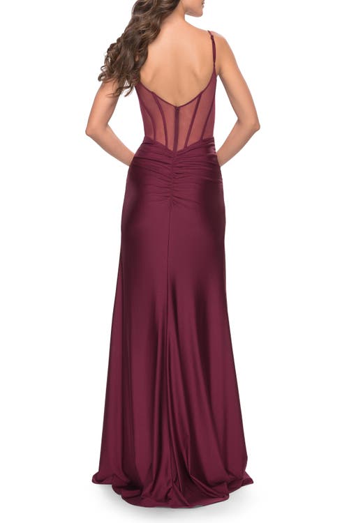 La Femme Illusion Bodice Dress With Boning And Twist Detail In Dark Berry