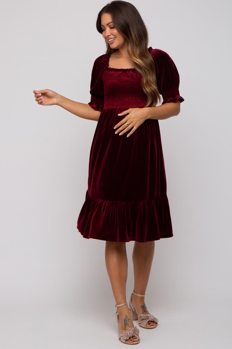 Velvet Smocked Puff Sleeve Dress, Alternate, color, Burgundy