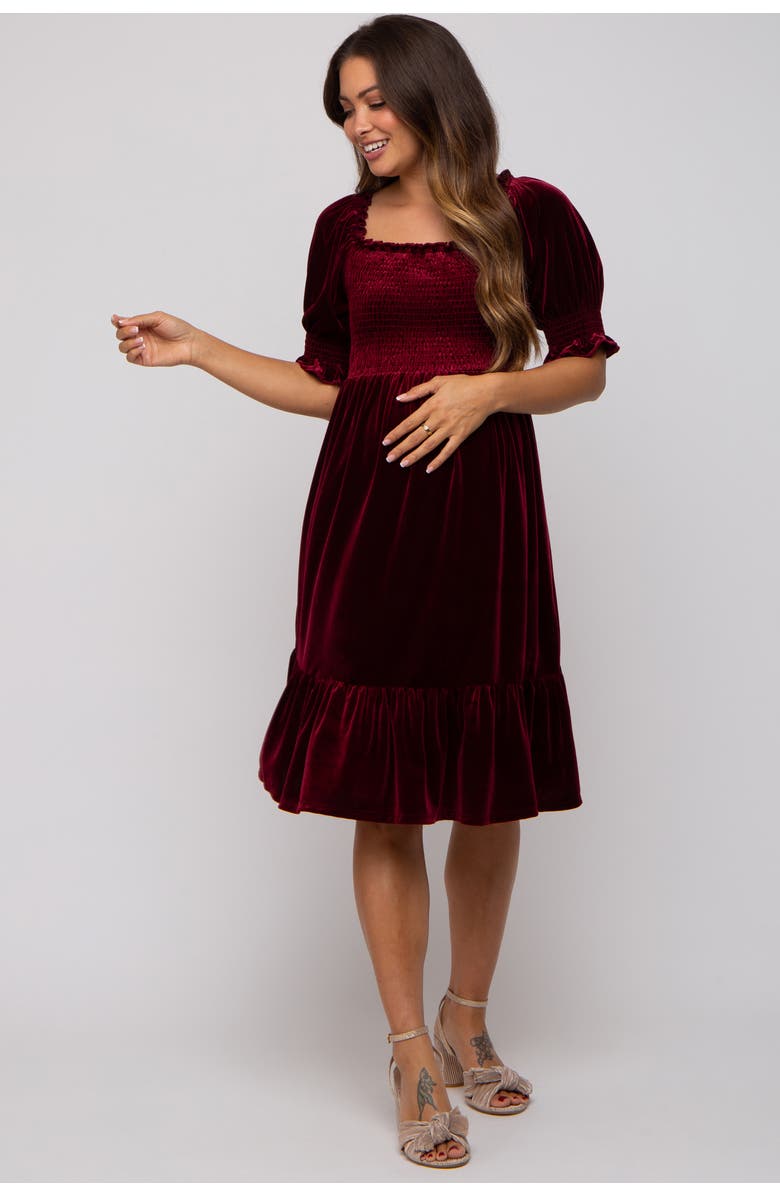 PinkBlush Velvet Smocked Puff Sleeve Dress, Alternate, color, Burgundy