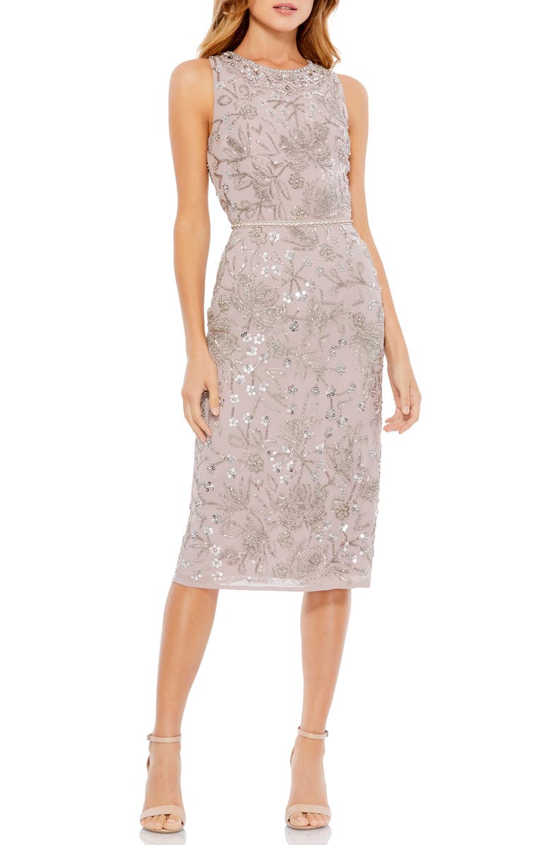 Mac Duggal Beaded Mesh Midi Cocktail Dress, Main, color, 