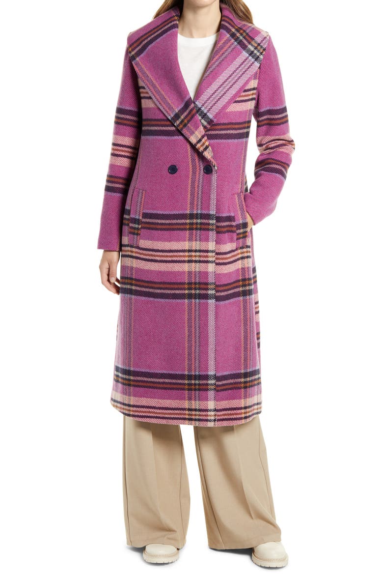 Plaid Shawl Collar Double Breasted Coat, Alternate, color, FUSCHIA PLAID