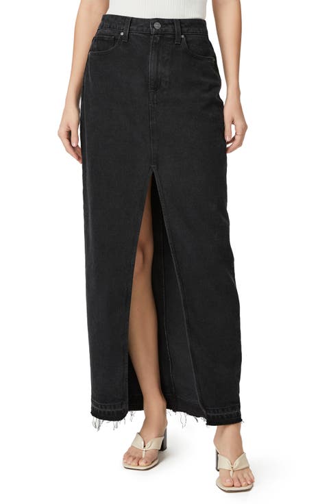 Angela Raw Hem Slit Front Denim Maxi Skirt