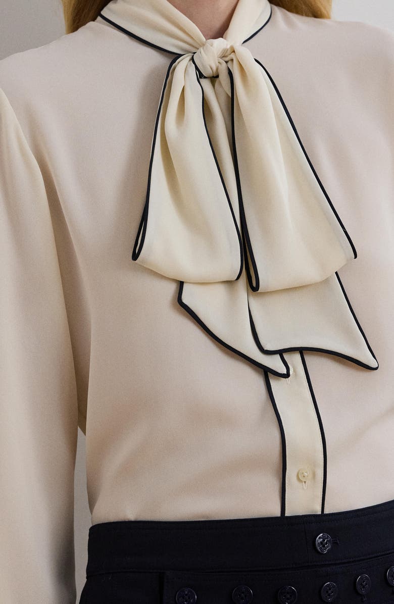Lauren Ralph Lauren Tipped Tie Neck Button-Up Shirt, Alternate, color, 