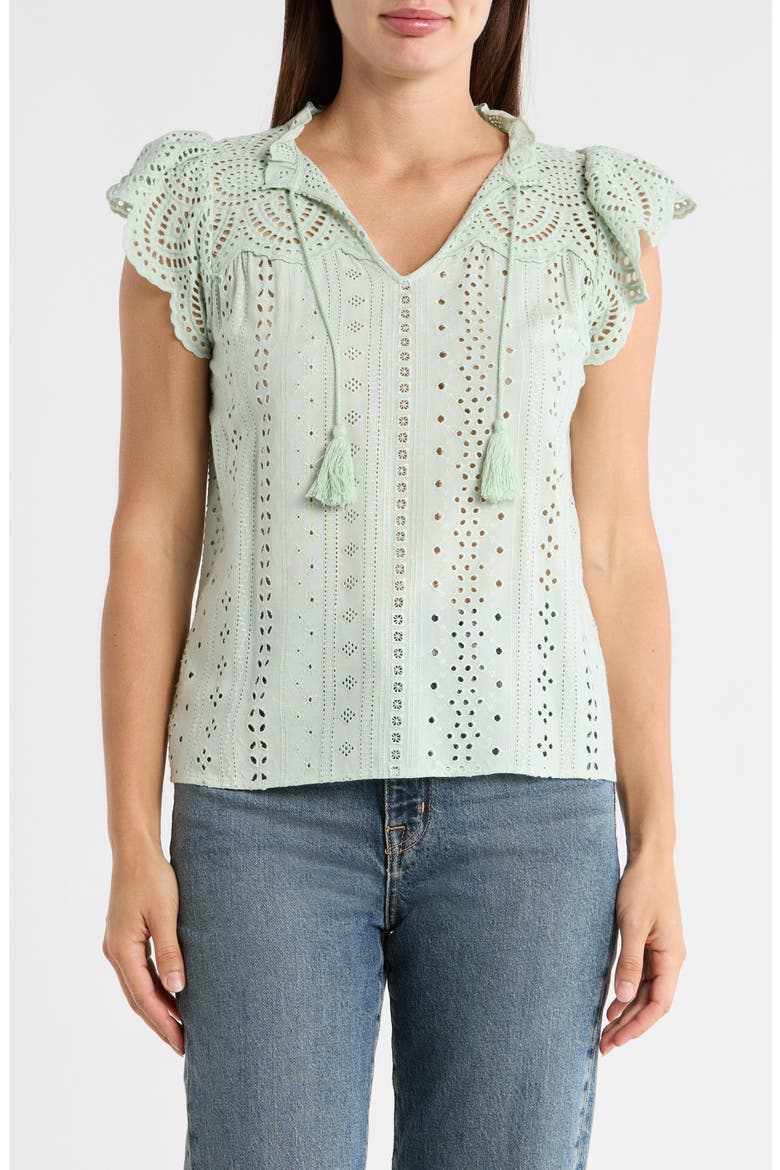 Embroidered Eyelet Cap Sleeve Top, Main, color, GREEN