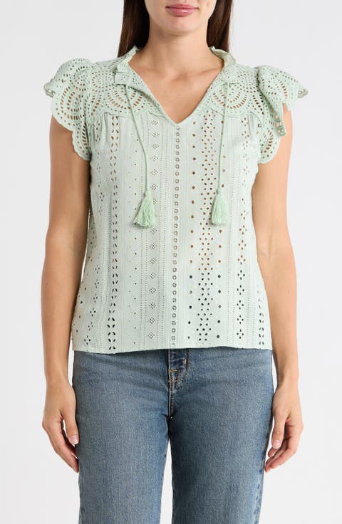 Embroidered Eyelet Cap Sleeve Top