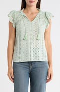 T Tahari Embroidered Eyelet Cap Sleeve Top