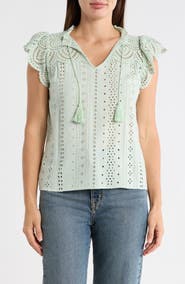 T Tahari Embroidered Eyelet Cap Sleeve Top