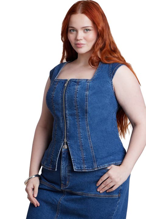 Fitted Square Neck Denim Top (Plus)