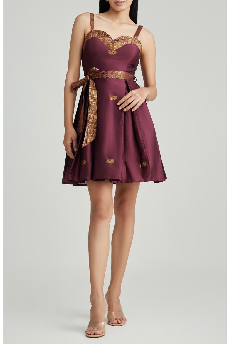 Gianna Fit & Flare Silk Dress, Main, color, BROWN