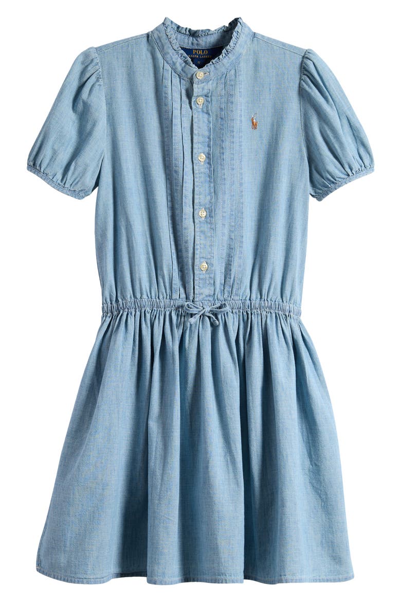 Kids' Cotton Chambray Puff Sleeve Dress, Main, color, BLUE