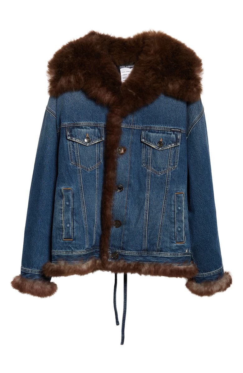Dolce&Gabbana Genuine Shearling Trim Denim Trucker Jacket, Main, color, S9001 Variante Abbinata