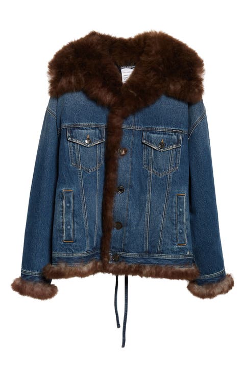 Genuine Shearling Trim Denim Trucker Jacket