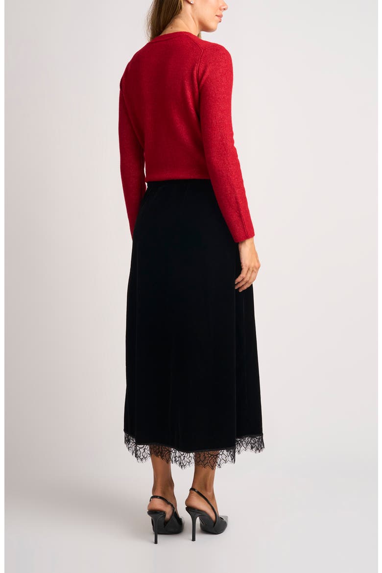 Lace Trim Velvet Midi Skirt, Alternate, color, RICH BLACK 060