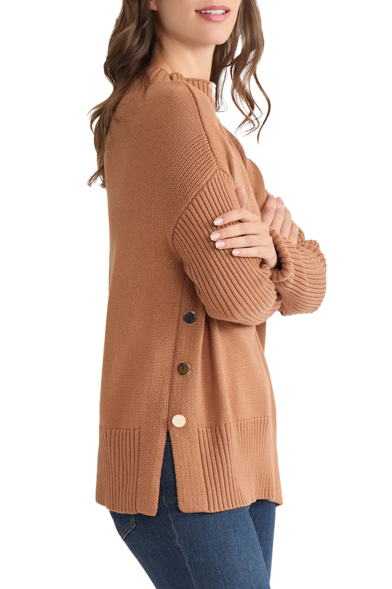 Button Detail Rib Funnel Neck Sweater, Alternate, color, CARAMEL