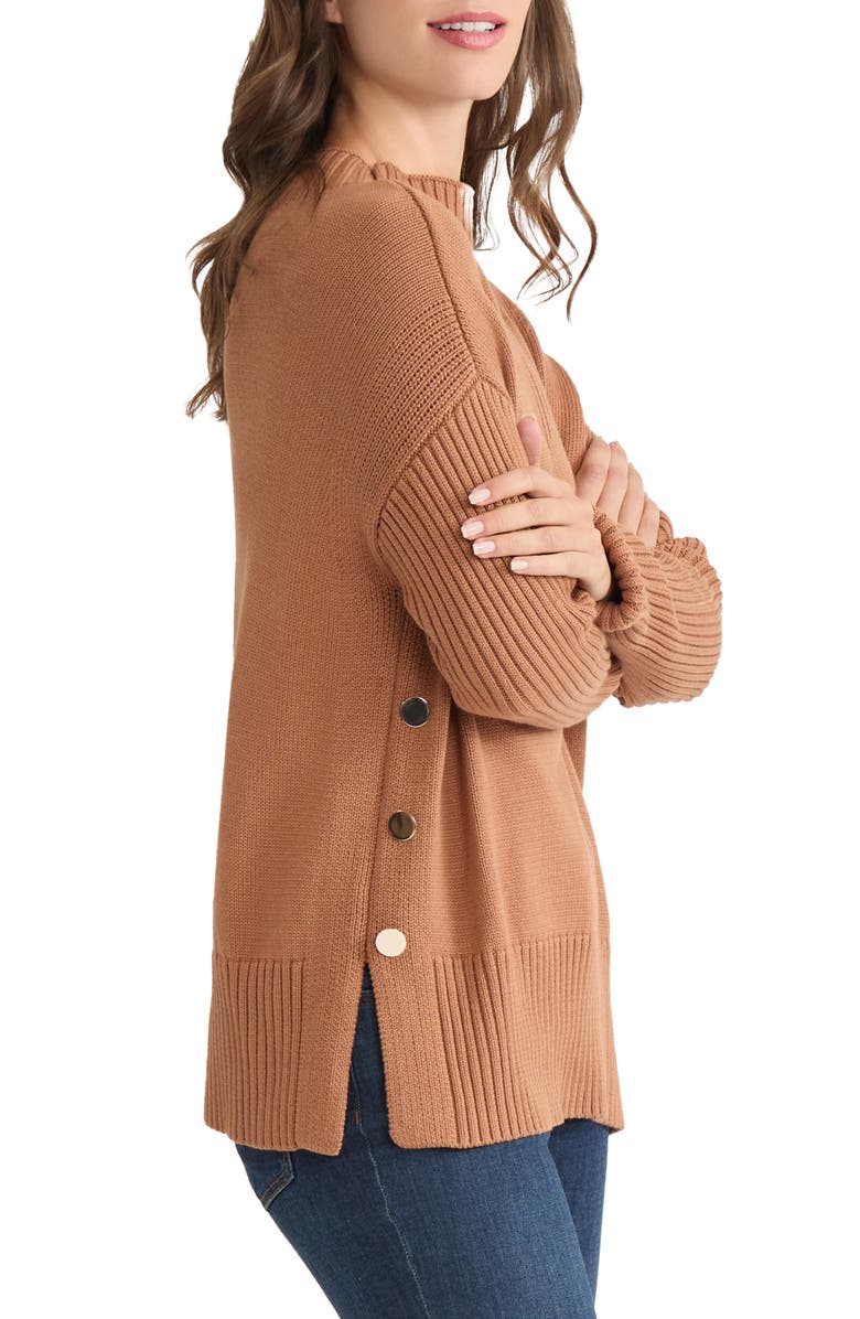 Jones New York Button Detail Rib Funnel Neck Sweater, Alternate, color, Caramel