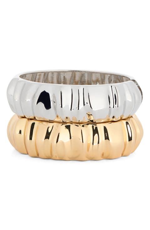 Set of 2 Two-Tone Textured Bangle Bracelets