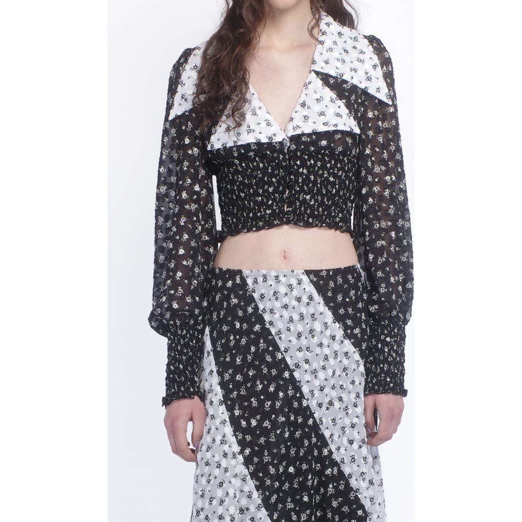 Anna Sui Ditsy Dot Chiffon Collared Smocked Top In Black/white Multi