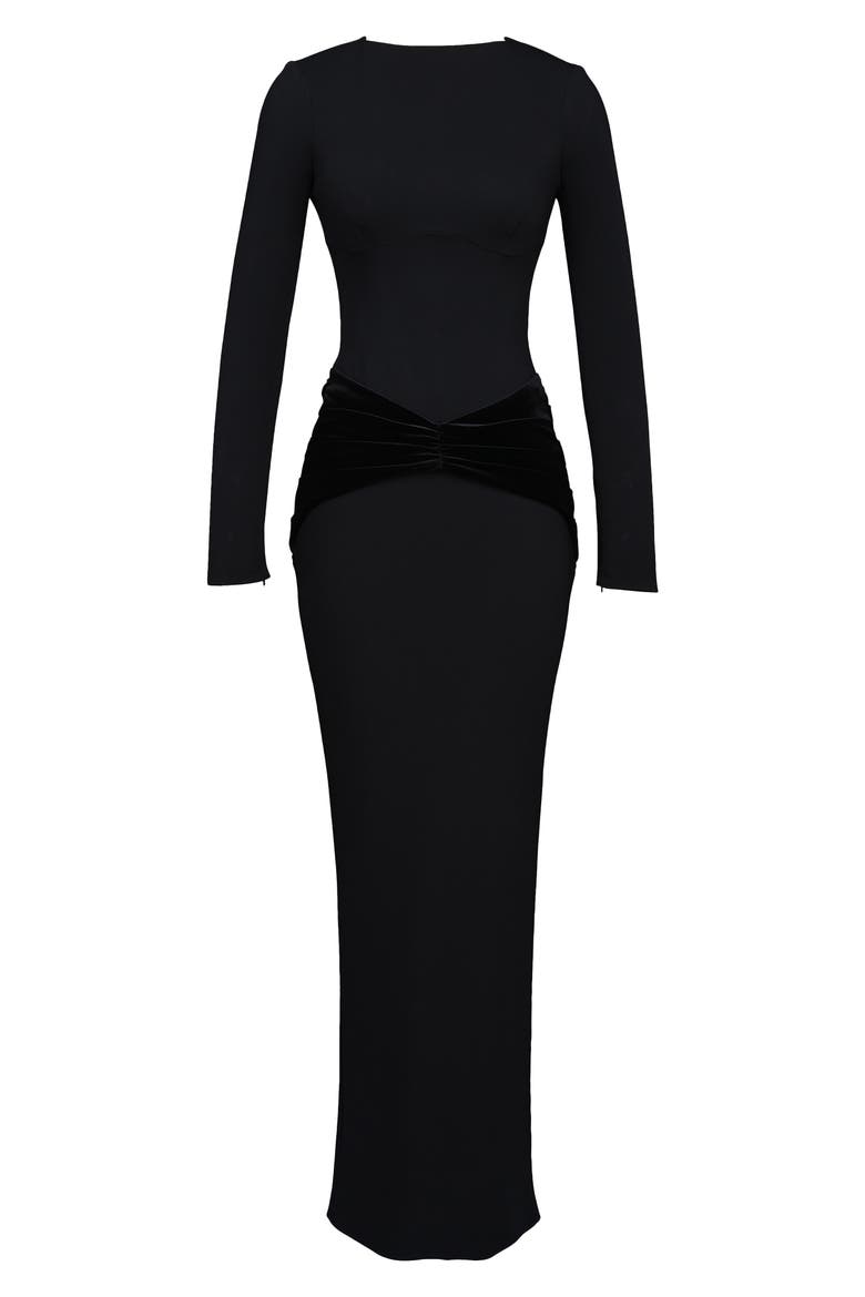 Athena Long Sleeve Stretch Crepe Gown, Alternate, color, BLACK
