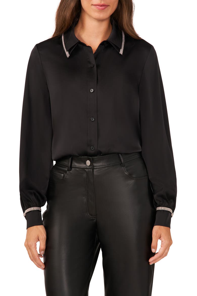 Beaded Double Collar Button-Up Shirt, Main, color, RICH BLACK
