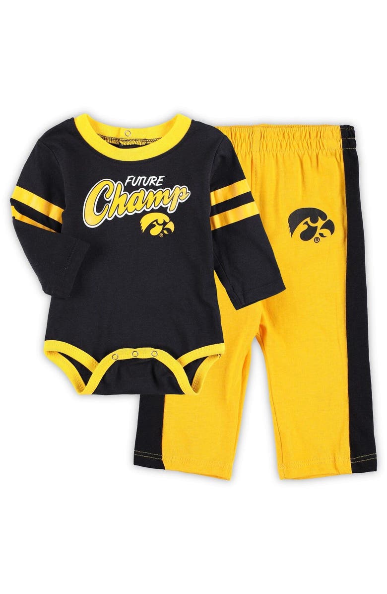 Outerstuff Infant Black/Gold Iowa Hawkeyes Little Kicker Long Sleeve Bodysuit and Sweatpants Set, Main, color, Black