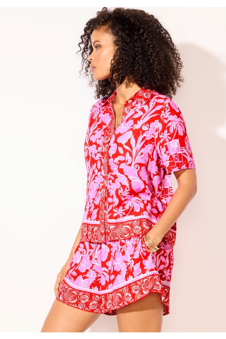 Cropped Button-Front Beach Cover Up Shirt, Alternate, color, Ruby Paradise