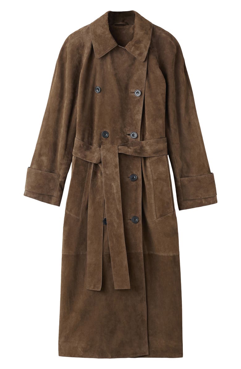 MANGO Selection Double Breasted Suede Trench Coat, Main, color, Brown