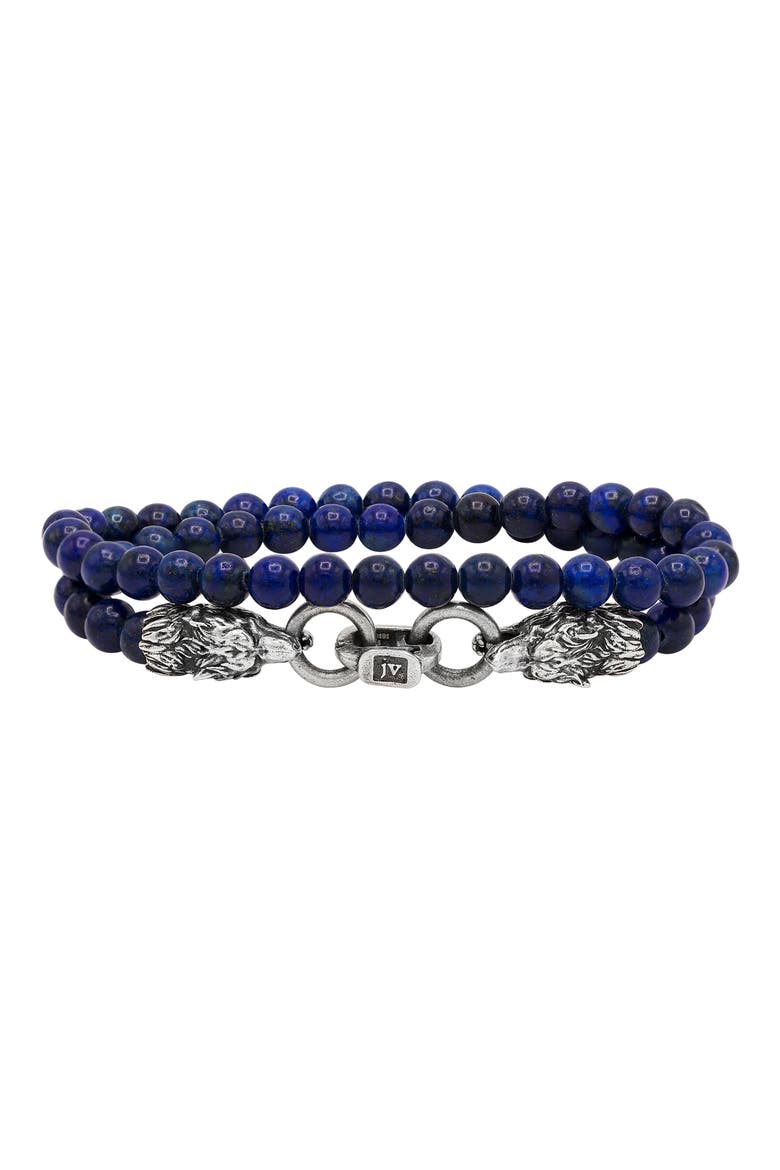 Men's Wolf Beaded Lapis Wrap Bracelet, Main, color, BLUE/ SILVER
