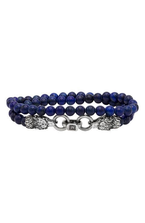 Men's Wolf Beaded Lapis Wrap Bracelet