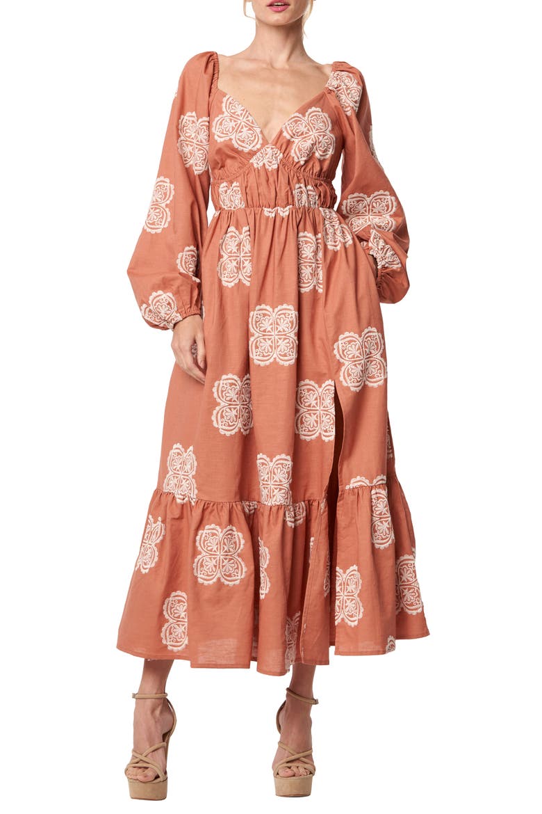Serbita Medallion Embroidery Long Sleeve Cotton & Linen Midi Dress, Main, color, JASPER