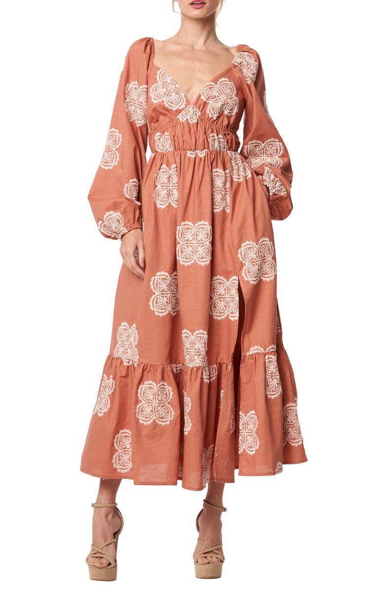 CIEBON Serbita Medallion Embroidery Long Sleeve Cotton & Linen Midi Dress, Main, color, Jasper
