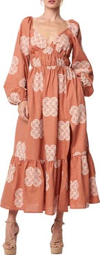 CIEBON Serbita Medallion Embroidery Long Sleeve Cotton & Linen Midi Dress