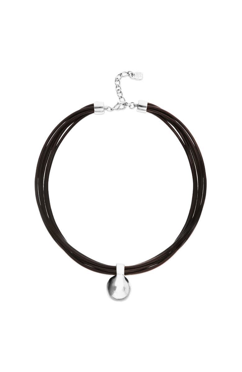 UNODE50 Leather necklace with large sterling silver-plated dial, Main, color, Silver