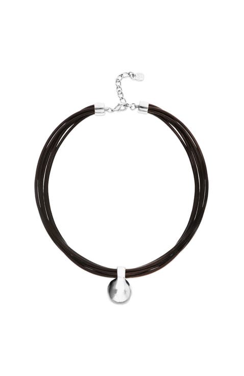 Leather necklace with large sterling silver-plated dial
