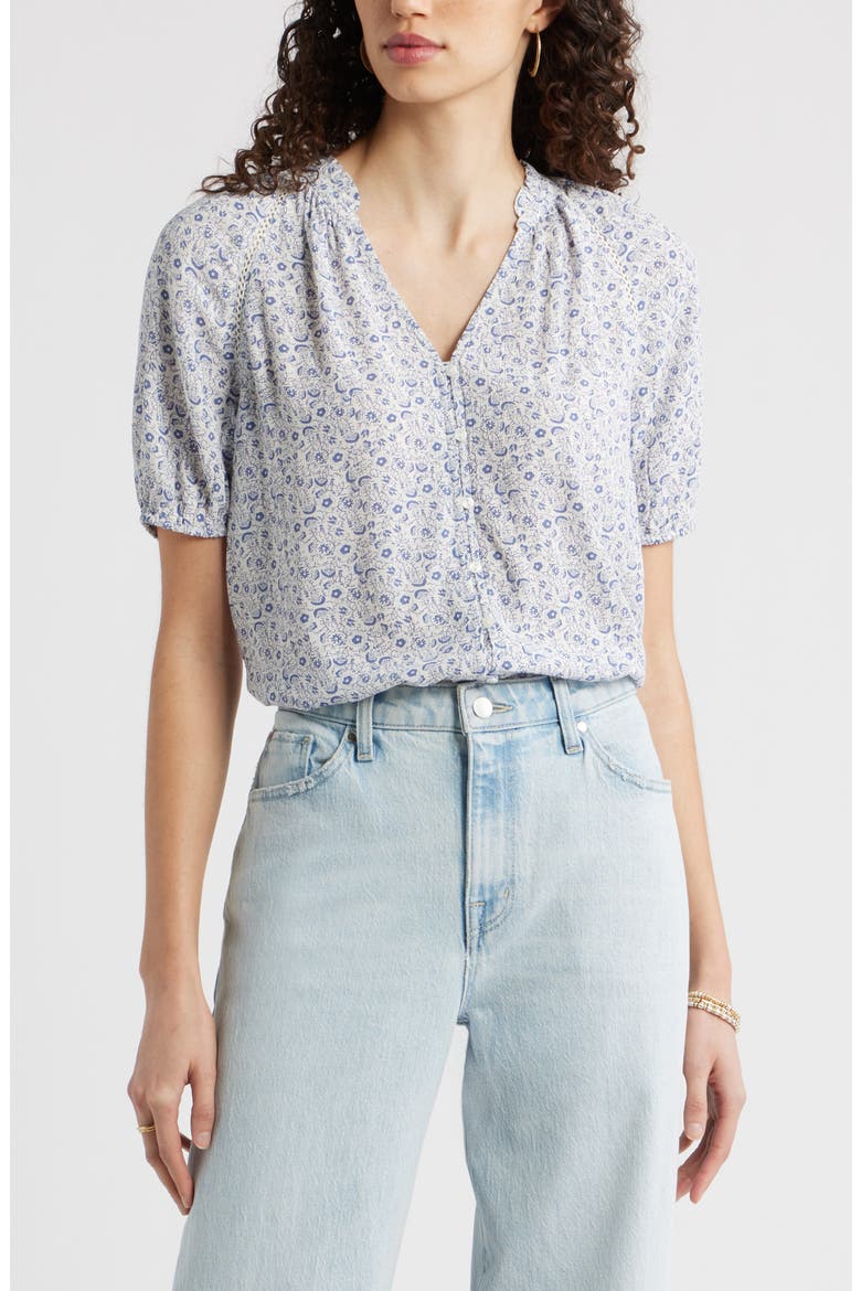 Floral Button-Up Top, Main, color, IVORY- BLUE LACE DITSY