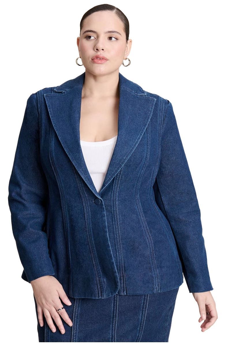 ELOQUII Seamed Denim Peplum Blazer, Main, color, Medium Wash