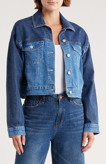Habitual Colorblock Crop Trucker Jacket In Blue