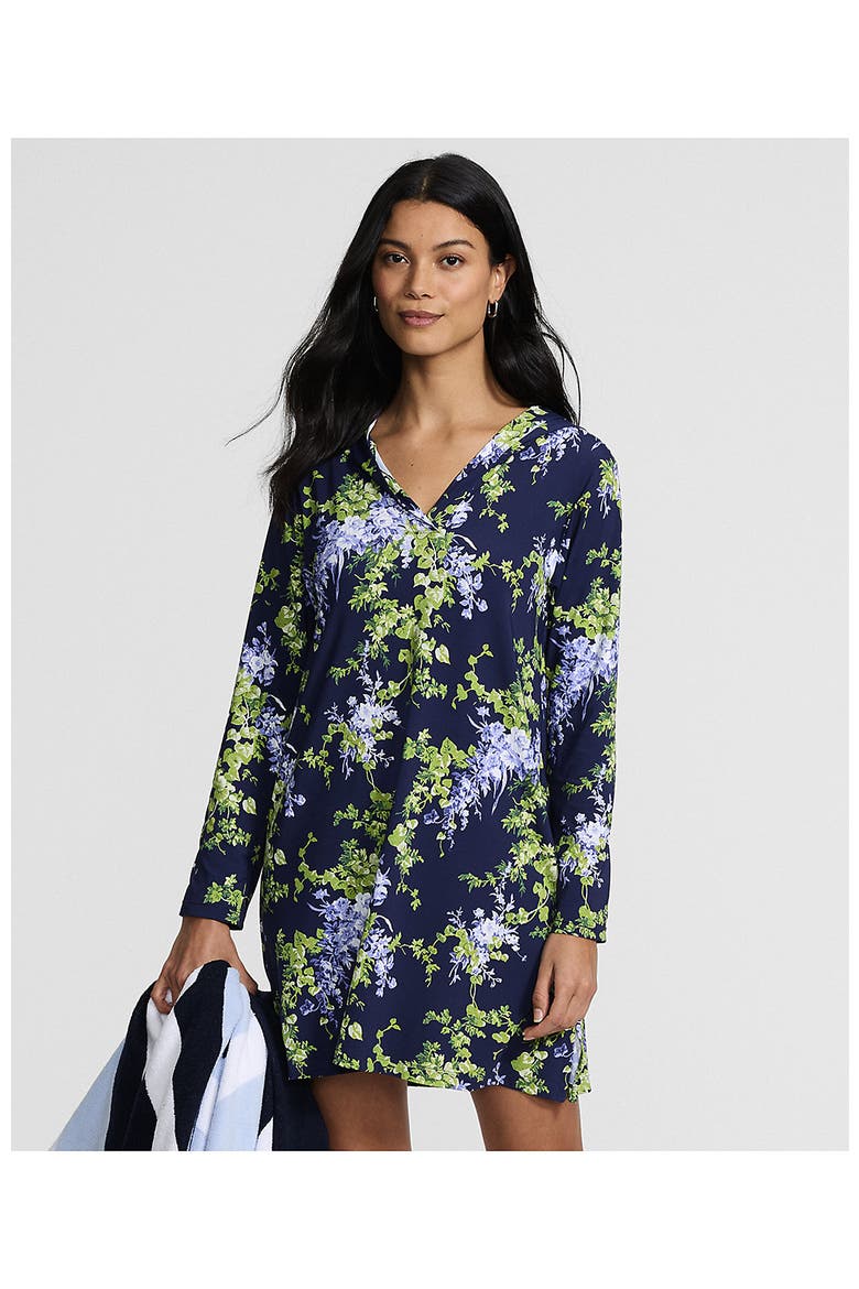SunShade UPF 50 Hooded Mini Swim Swim Cover-Up Dress, Alternate, color, Navy/White Blooms