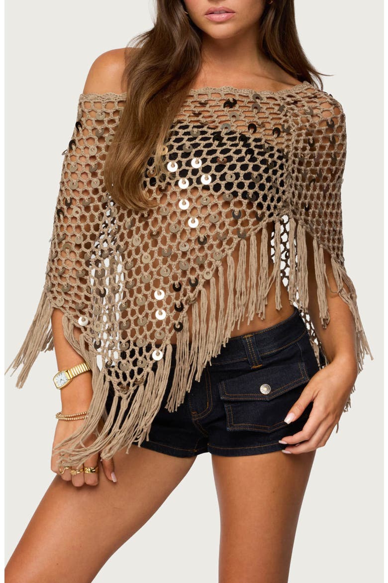 Open Stitch Sequin Fringe Poncho, Main, color, TAN