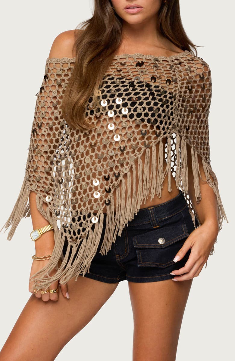 EDIKTED Open Stitch Sequin Fringe Poncho, Main, color, Tan