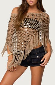 EDIKTED Open Stitch Sequin Fringe Poncho