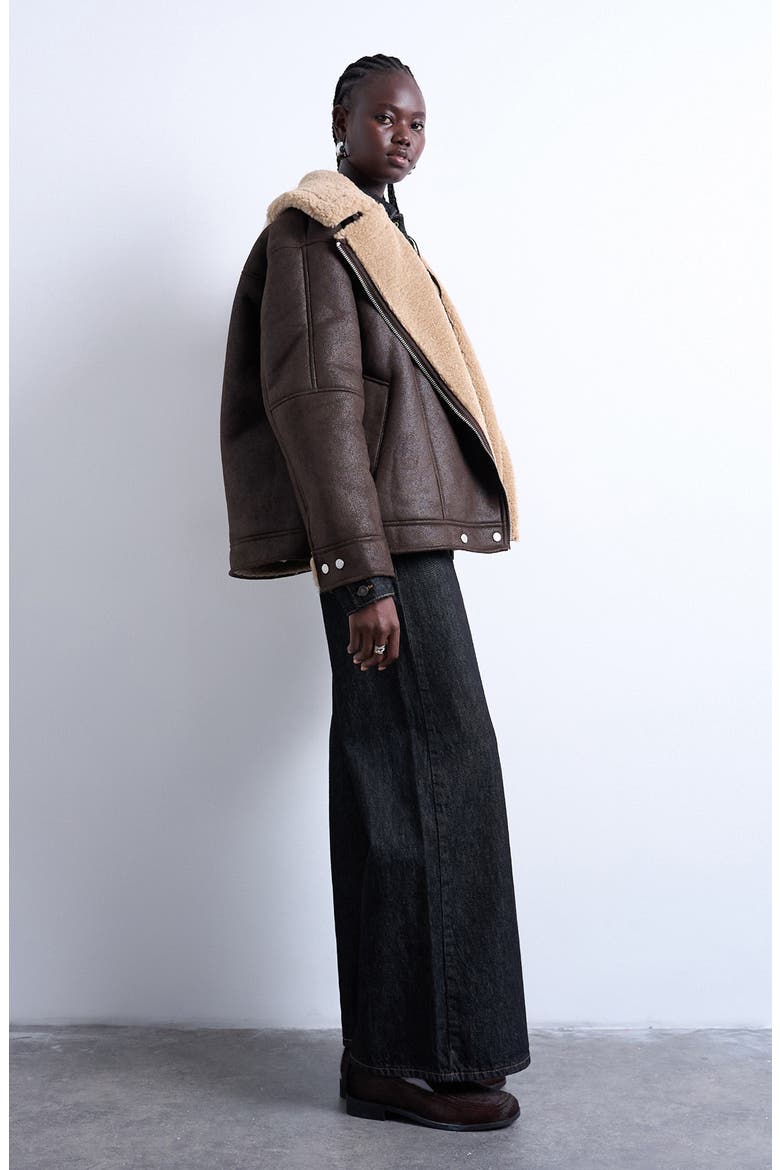 Faux Shearling Oversize Aviator Jacket, Alternate, color, BROWN