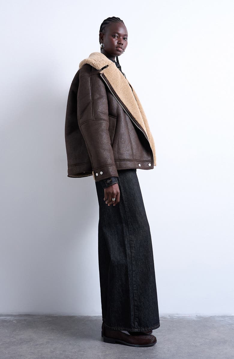 Topshop Faux Shearling Oversize Aviator Jacket, Alternate, color, Brown