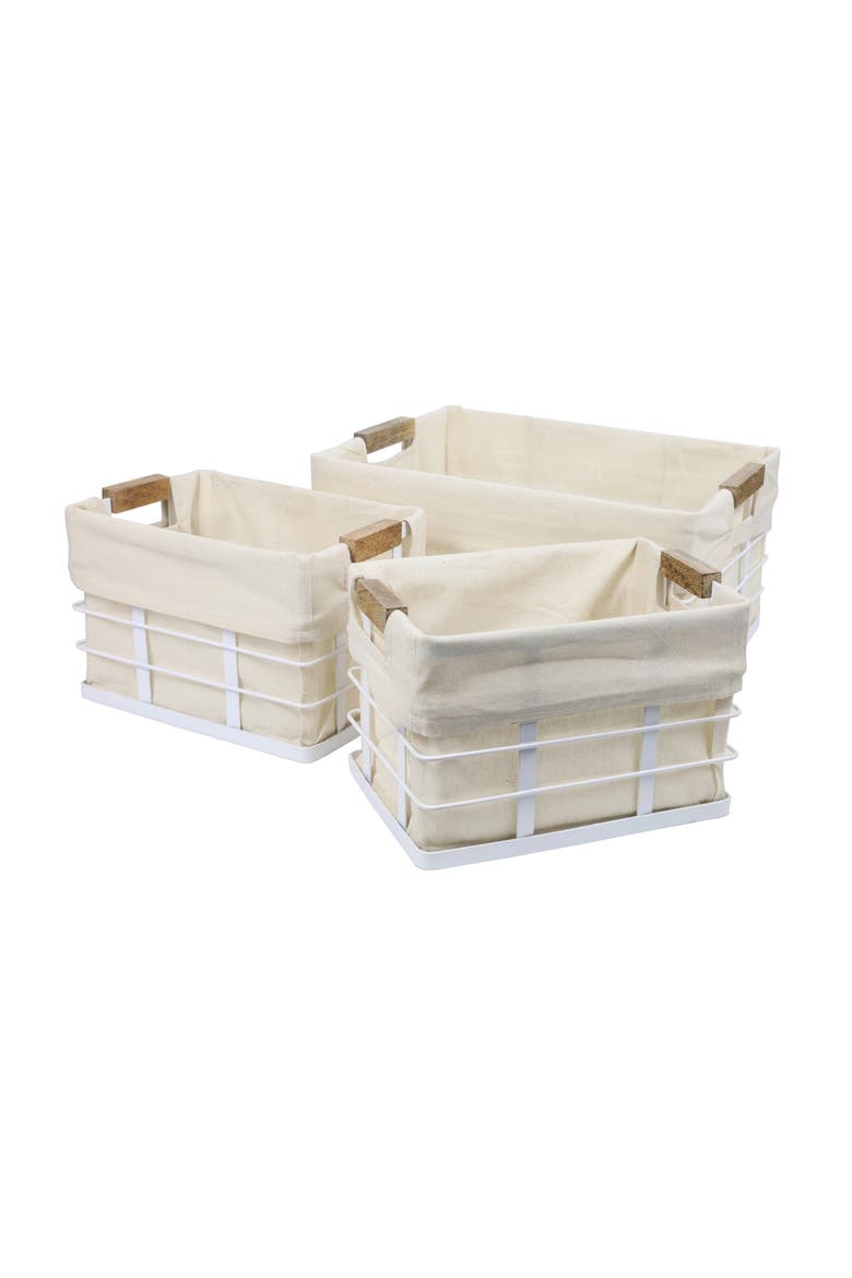 Callan Vintage Industrial Handmade Wire Metal Nesting Storage Baskets with Wood Handles and Fabric Liner, Main, color, White