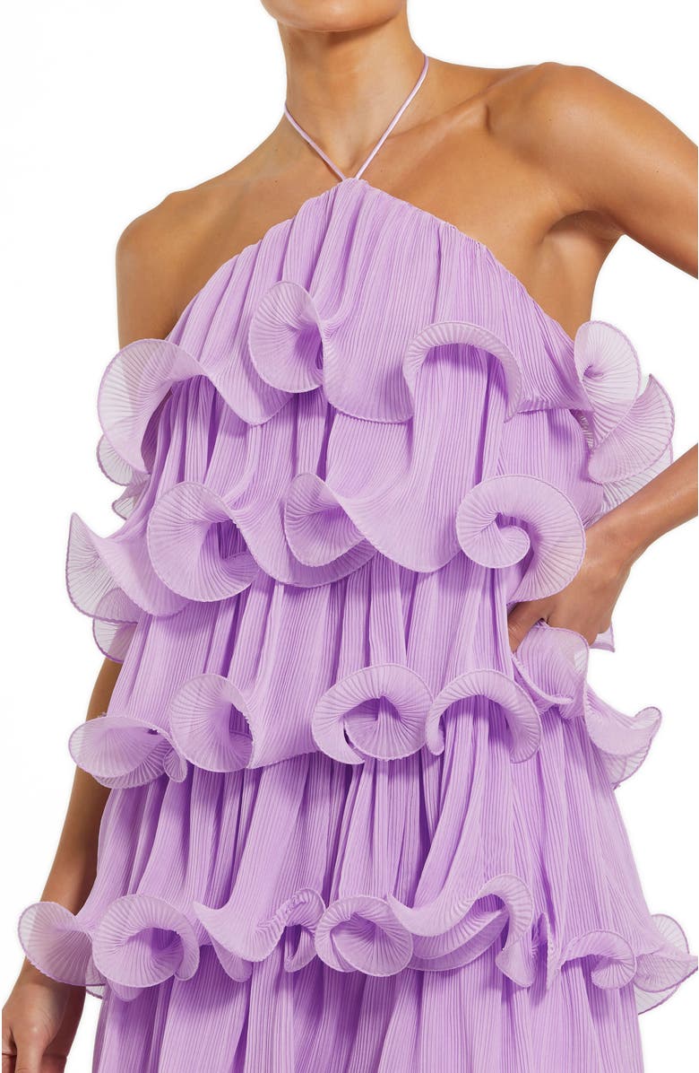 Mac Duggal Flowy Purple Ruffle Dress with Halter Neck and Tiered Skirt, Alternate, color, Lilac
