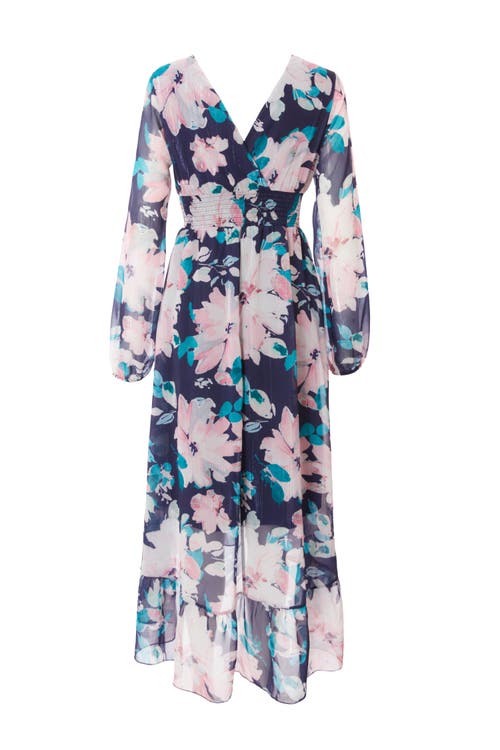 Quiz Floral Chiffon Glitter Long Sleeve Maxi Dress In Navy
