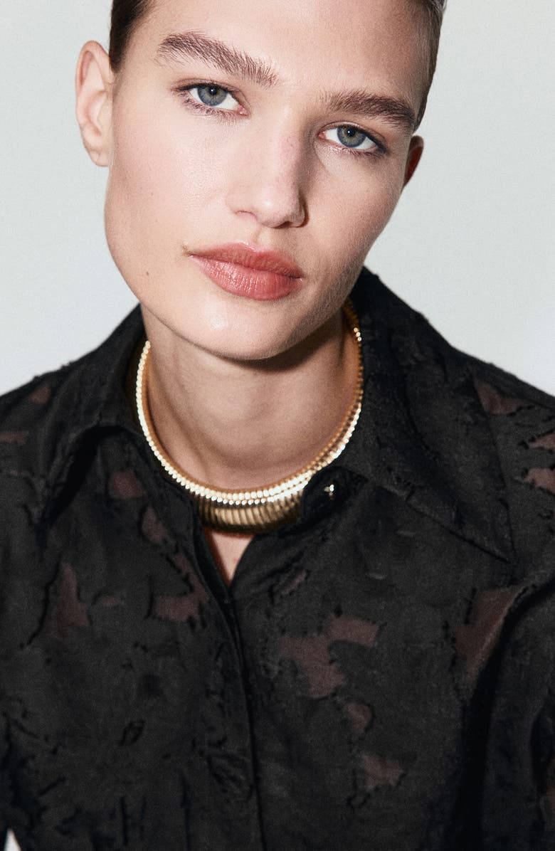 MANGO Textured Semisheer Oversize Button-Up Shirt, Alternate, color, Black