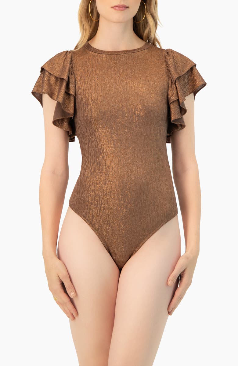 IVONNE Ruffled Sleeve Round Neck Bodysuit, Main, color, Copper